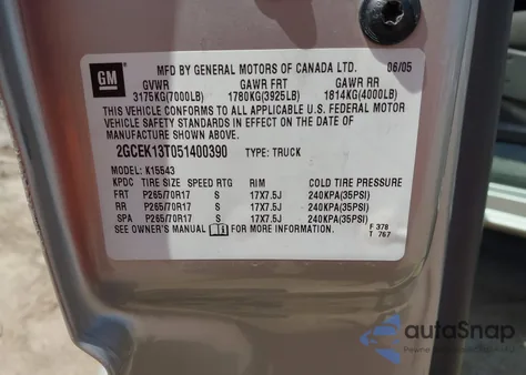 2005 Chevrolet Silverado 1500 Z71 из США, поврежденный, VIN 2GCEK13T051400390